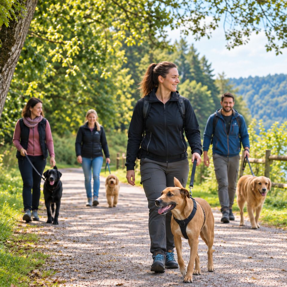 Mehrere Mensch-Hund-Teams gemeinsam bei einem Spaziergang in der Natur