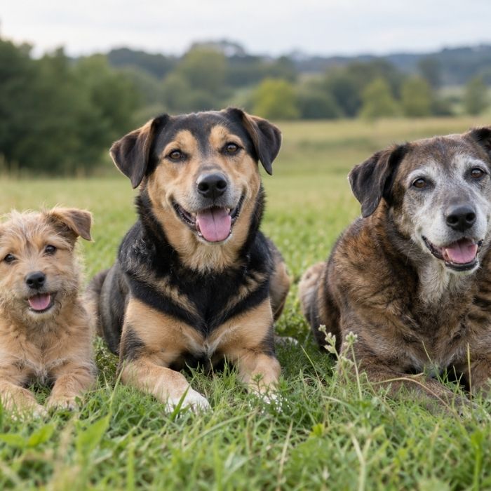 Drei Hunde sitzen und liegen gemeinsam auf einer Wiese