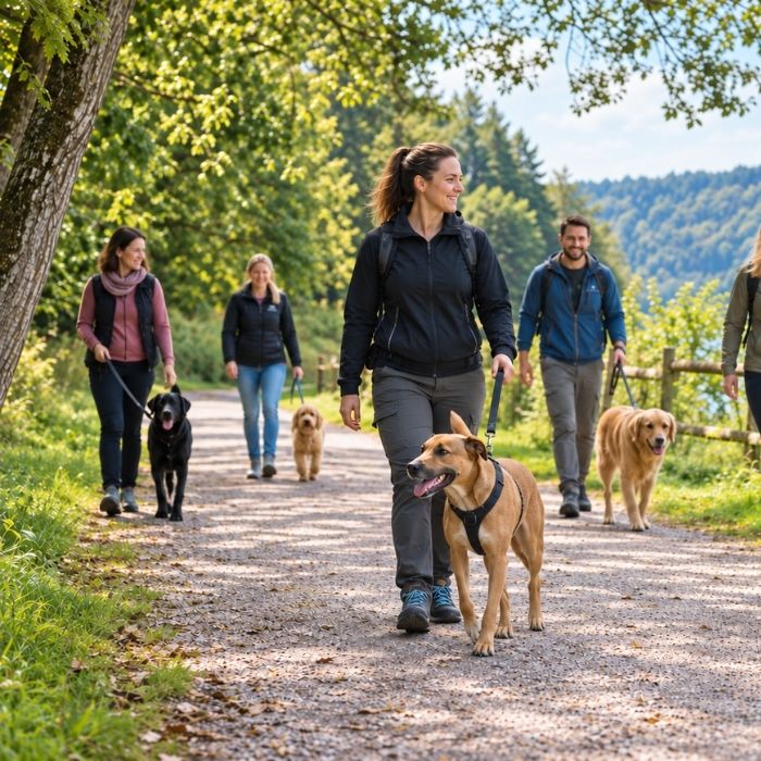 Mehrere Mensch-Hund-Teams gehen gemeinsam auf einem Waldweg