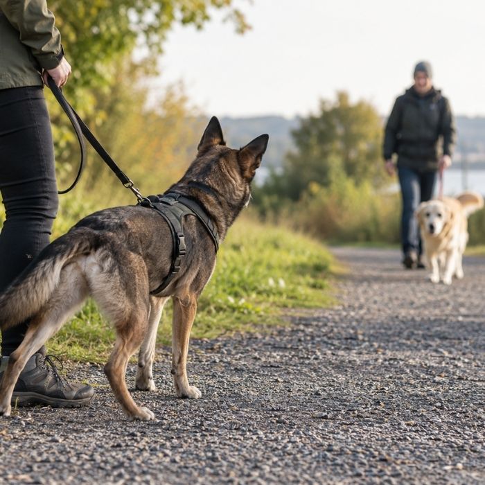 Hund an der Leine beobachtet ein entgegenkommendes Mensch-Hund-Team