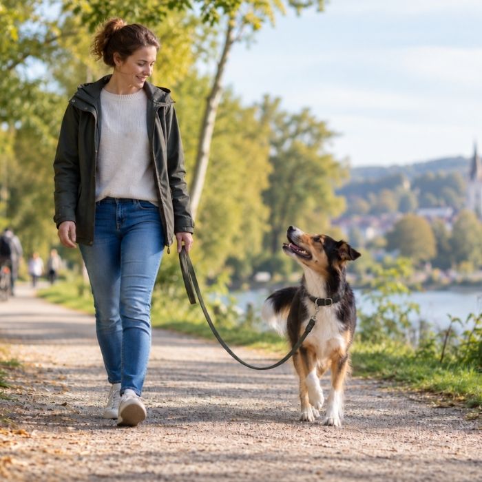 Frau geht mit einem Hund an lockerer Leine auf einem Weg