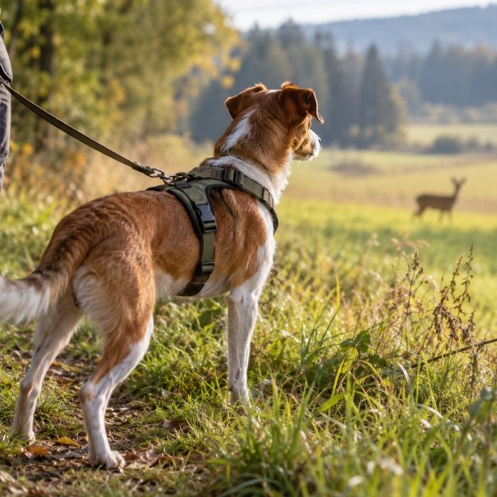 Hund an der Leine beobachtet Wild auf einer Wiese