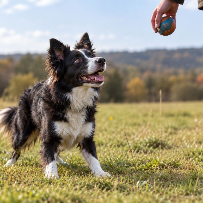 Hund wartet aufmerksam, während ein Ball vor ihm gehalten wird