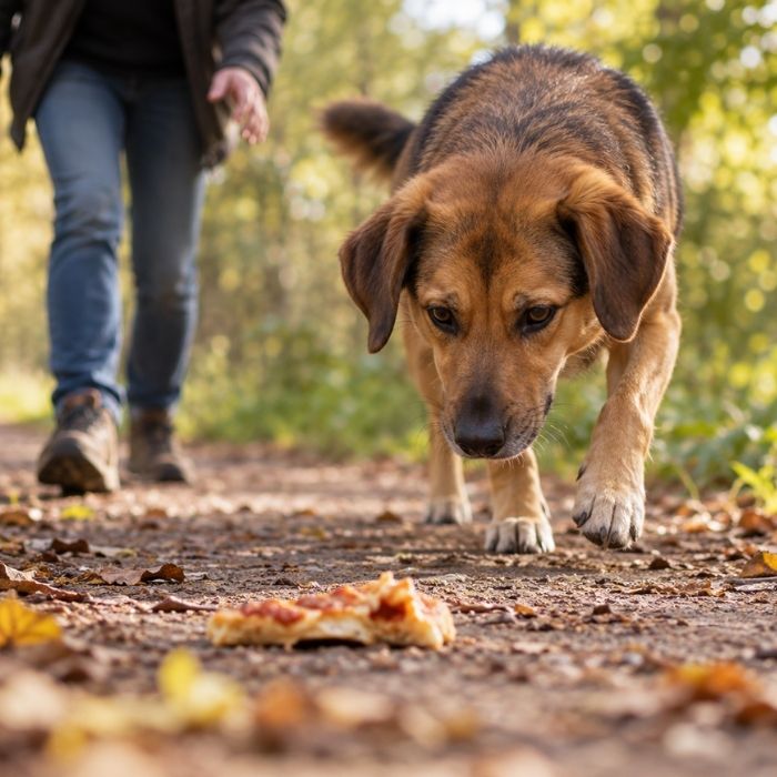 Hund untersucht Futter auf dem Boden, während die Bezugsperson in der Nähe bleibt