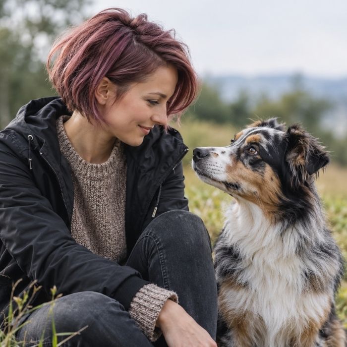 Frau und Hund schauen sich aufmerksam und ruhig an
