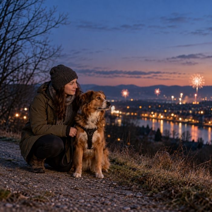 Frau sitzt mit ihrem Hund bei Dämmerung oberhalb einer beleuchteten Stadt