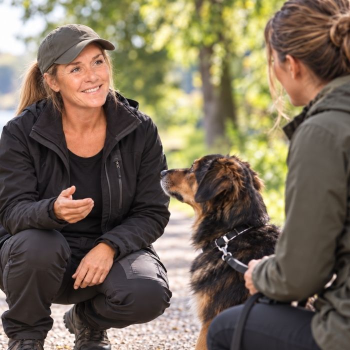 Trainerin spricht draußen mit einer Hundehalterin und ihrem Hund