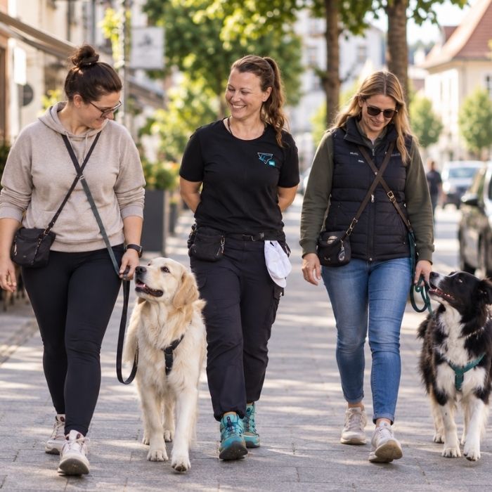 Mehrere Mensch-Hund-Teams gehen gemeinsam durch eine Straße