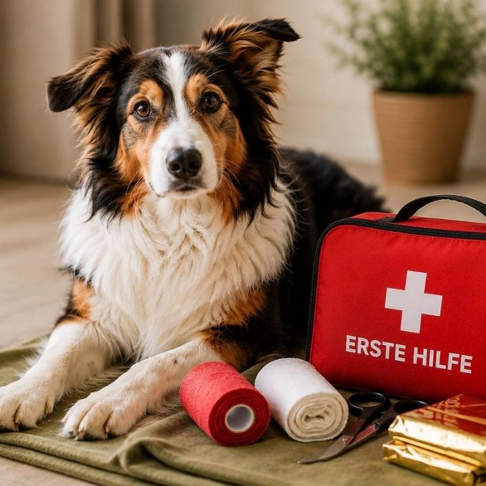 Hund liegt neben einem Erste-Hilfe-Set und Verbandsmaterial