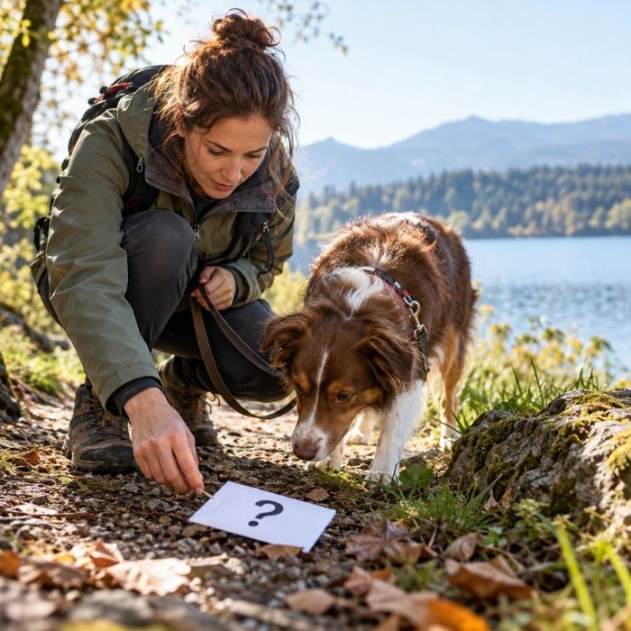 Frau und Hund untersuchen bei einer Krimitour einen Hinweis am Boden