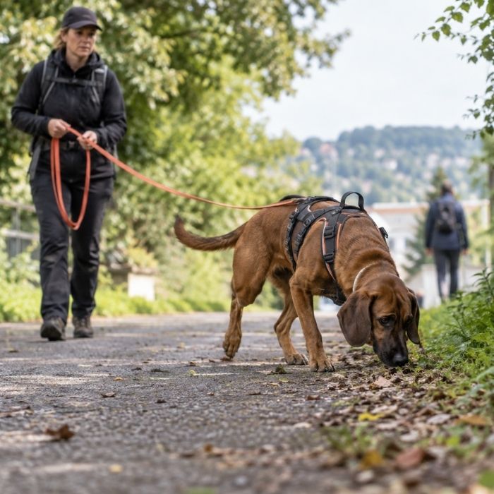 Hund verfolgt beim Mantrailing an langer Leine eine Geruchsspur