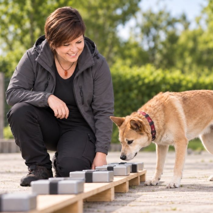 Hund sucht bei der Objektsuche zwischen verschiedenen Gegenständen