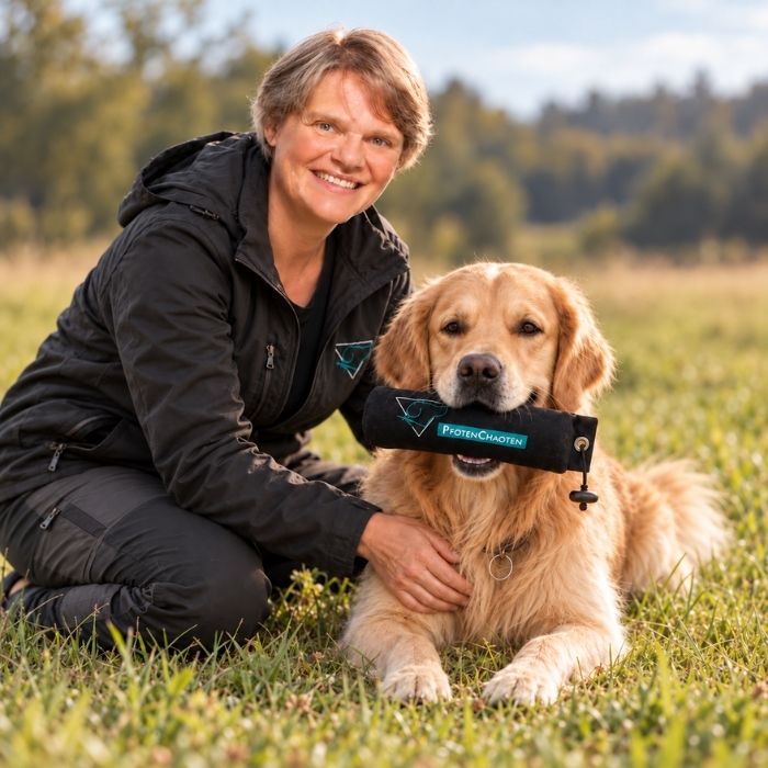 Frau mit Hund, der beim Dummytraining einen Dummy im Maul trägt