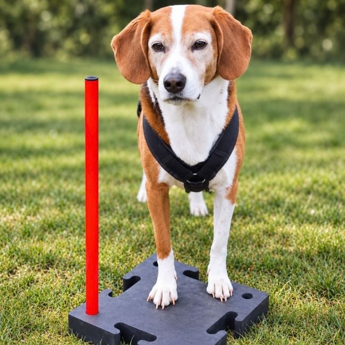 Hund steht beim SQR-Dog auf einer markierten Plattform neben einem Pfosten