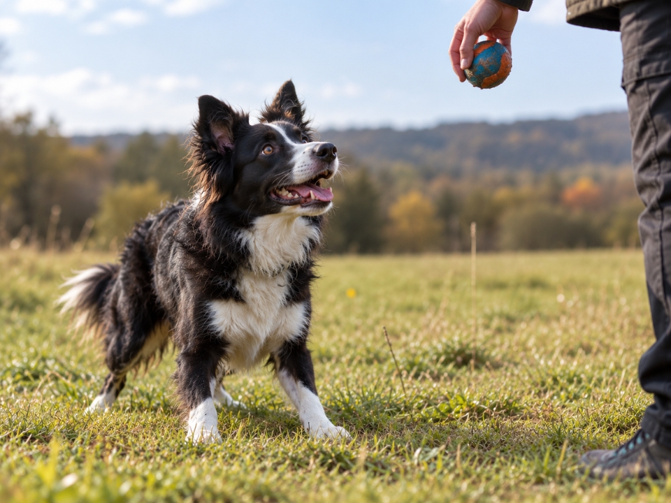 Ruhe & Selbstkontrolle – Impulskontrolle mit Hund Hund wartet aufmerksam vor seinem Menschen trotz sichtbarem Spielzeug