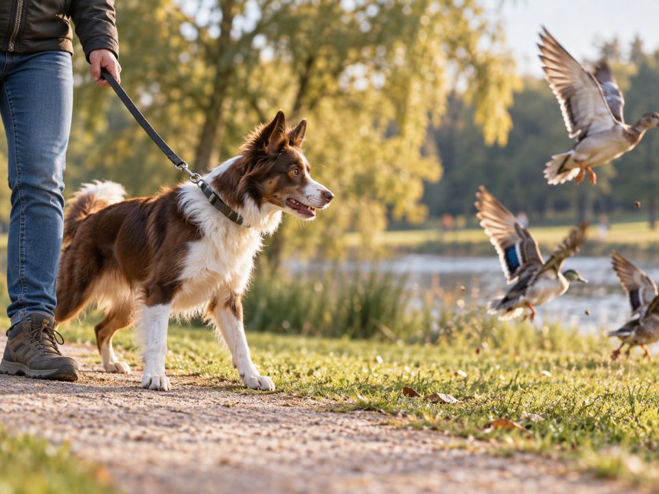 Ruhe & Selbstkontrolle – Reize aushalten Hund beobachtet Enten und bleibt dabei bei seinem Menschen
