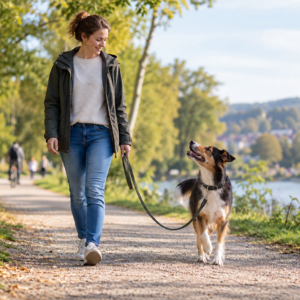 Leinenführigkeit – Mensch-Hund-Team an lockerer Leine Halterin geht mit ihrem Hund an lockerer Leine spazieren