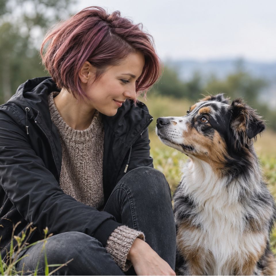 Kommunikation & Vertrauen – Mensch und Hund im Austausch Frau sitzt mit ihrem Hund im Gras und schaut ihn aufmerksam an
