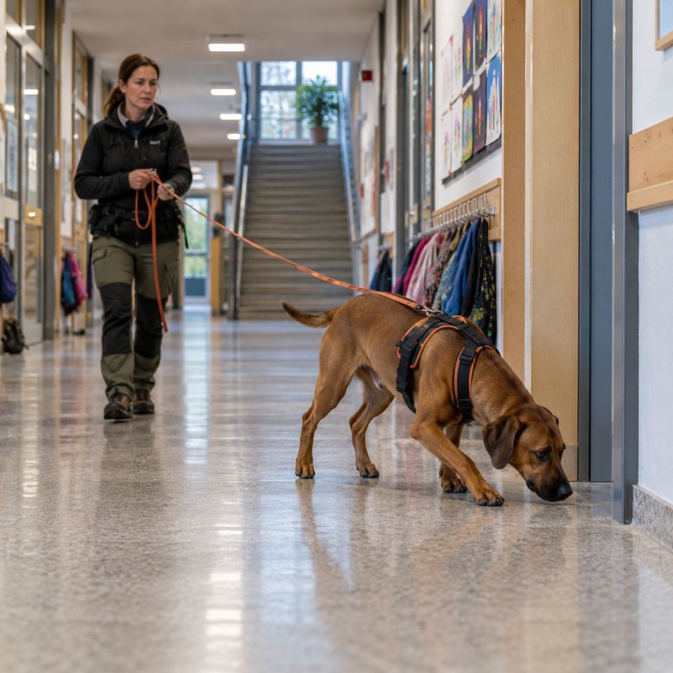 Mantrailing Special – Indoor-Trailing im Schulgebäude Hund verfolgt beim Indoor-Mantrailing eine Spur durch ein Schulgebäude