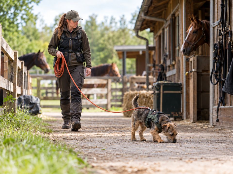 Mantrailing Special – Trailen auf dem Pferdehof Hund sucht beim Mantrailing auf einem Pferdehof nach einer Spur