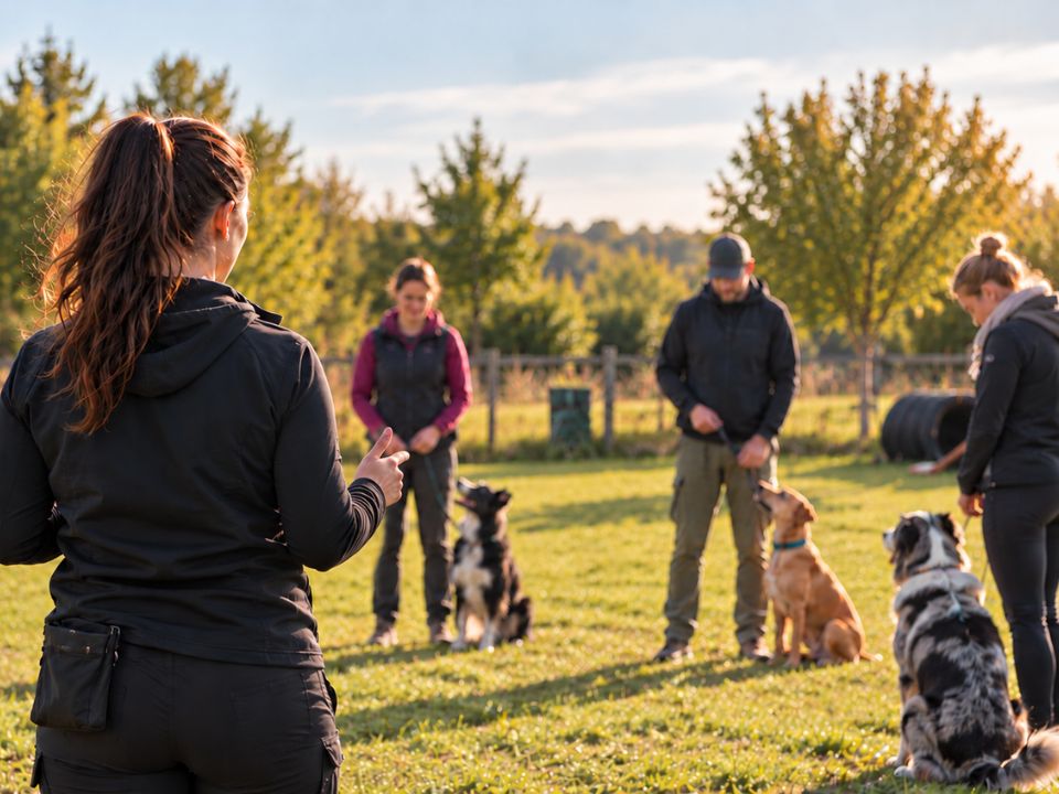 Gruppentraining bei Pfotenchaoten Mehrere Mensch-Hund-Teams beim Gruppentraining auf dem Trainingsplatz